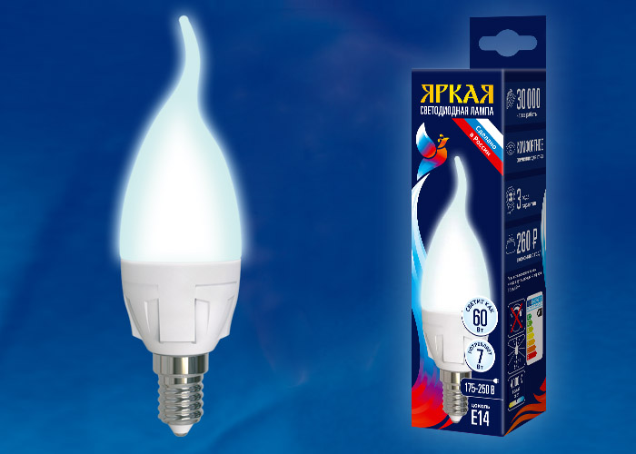 LED-CW37 7W/NW/E14/FR PLP01WH Лампа светодиодная. Форма «свеча на ветру», матовая. Серия ЯРКАЯ. Белы