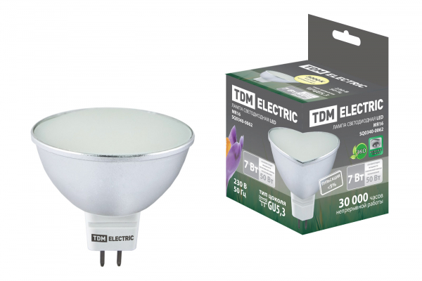 Лампа светодиодная MR16-7 Вт-220 В -3000 К–GU 5,3 SMD (с матовым стеклом) TDM Лампа светодиодная MR16-7 Вт-220 В -3000 К–GU 5,3 SMD (с матовым стеклом) TDM